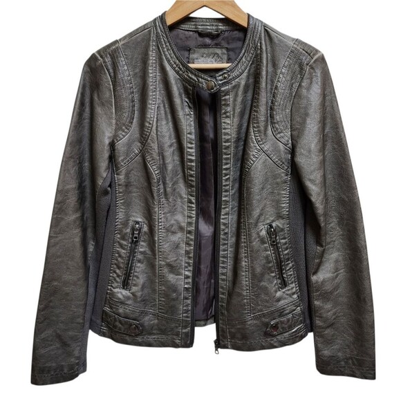 Sebby Moto Jacket Womens M Gray Faux Leather Ribbed Knit Full Zip Biker Rustic - Picture 15 of 15